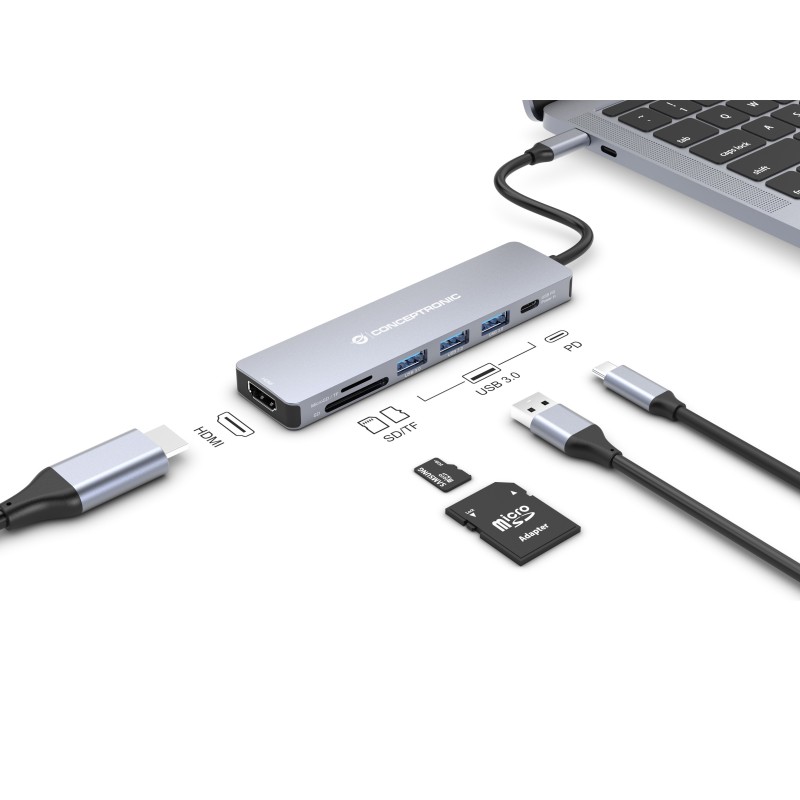 Conceptronic DONN19G base para portátil y replicador de puertos Alámbrico USB 3.2 Gen 1 (3.1 Gen 1) Type-C Gris