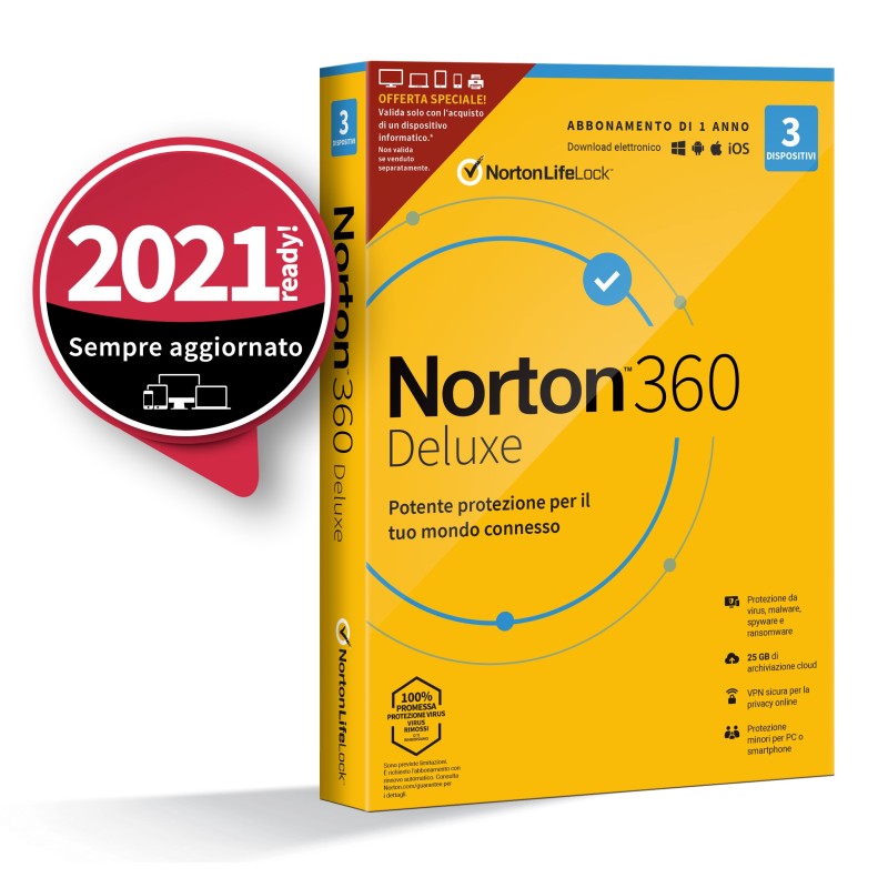 NortonLifeLock Norton 360 Deluxe 2021 Antivirus-Sicherheit Basis Italienisch 1 Lizenz(en) 1 Jahr(e)